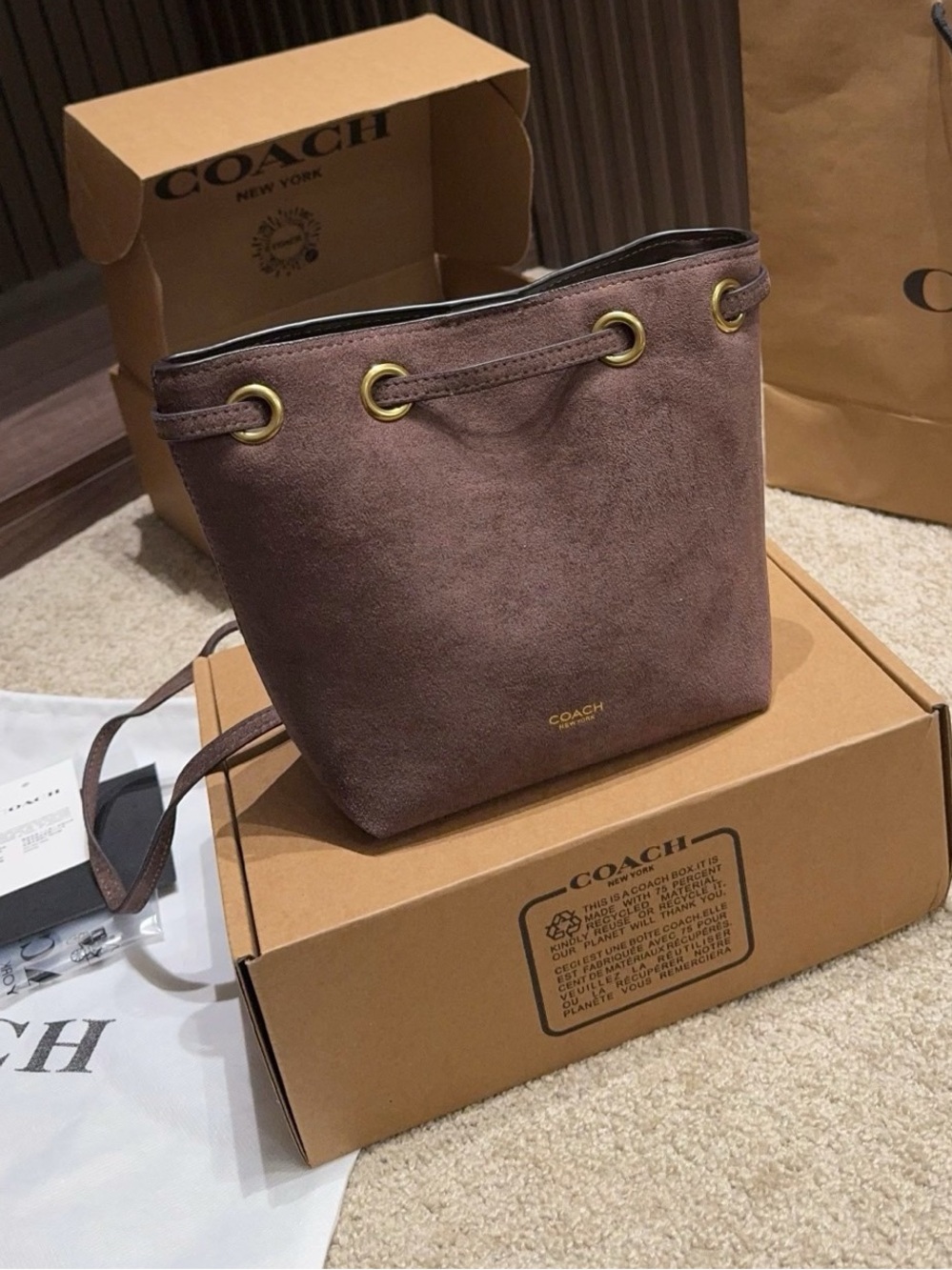 Coach Suede Drawstring Bucket Bag in Brown with Gold Hardware